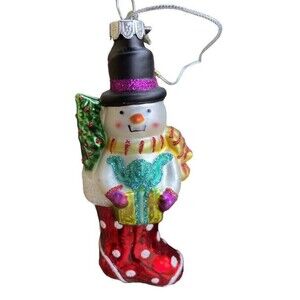 Glassworks Collection Hand blown glass Snowman in a Stocking Ornament NWTS
